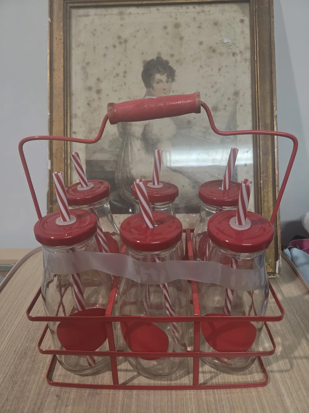 PIER 1 VINTAGE JULY 4TH Set of 6 Glasses with Red Striped Straws and Carrier